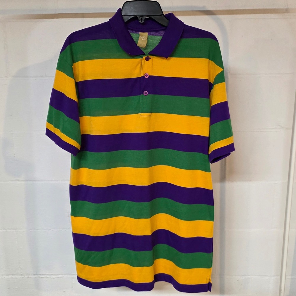 SS 80s/90s Men Large Mardi Gras Striped Polo Purple Green Gold Short Sleeve NOLA